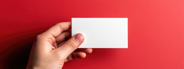 Hand holding a blank business card on a vibrant red background with ample space for personalized text or branding elements
