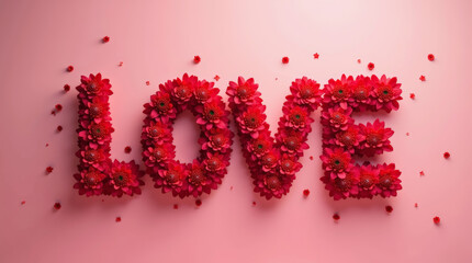 Red LOVE letters made from vibrant flowers on a pink background, perfect for Valentine's Day. Floral typography shines with colorful blooms and romantic vibes