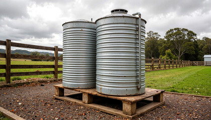 Obraz premium rainwater harvesting tank made of clean metal under overcast skies