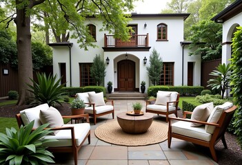 Naklejka premium HD Outdoor Garden, White Building, Greenery and Stones, Stylish Seating with Throw Pillows, Mature Trees, Serene Courtyard Scene, Peaceful Atmosphere, Tranquil Setting.