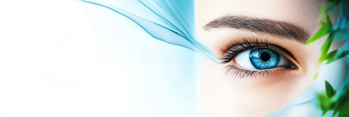 Promotional flyer layout showcasing an eye with vibrant blue color and artistic elements