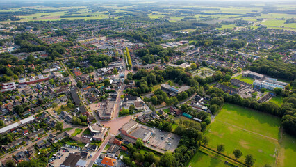 Aerial view of the old town around the city Oosterwolde on a sunny summer day in the Netherlands