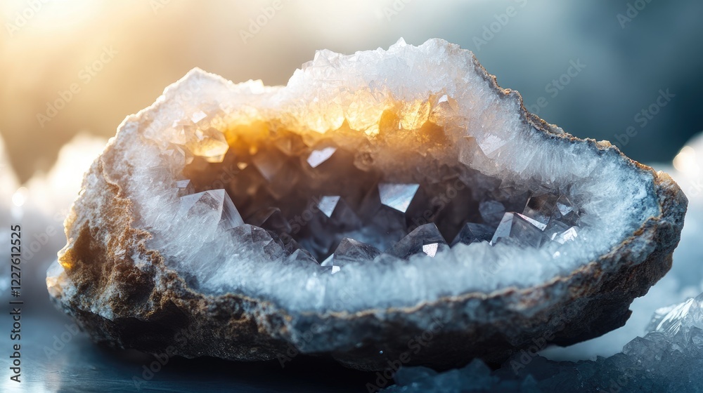 Poster close up of a geode showcasing intricate quartz crystal formations against a soft background with em