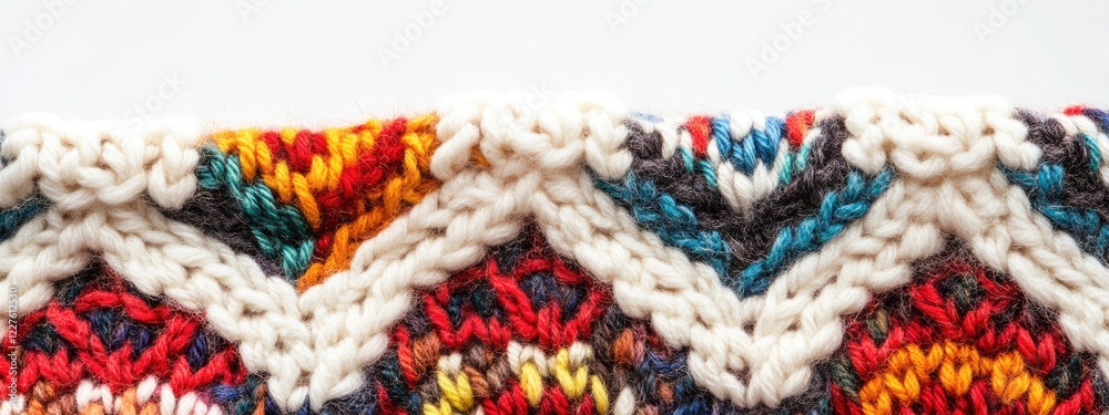 Poster hand knitted fair isle wool texture with colorful patterns on white background ideal for text overla