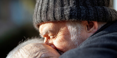 Close-up of Elderly Man Embracing Elderly Person