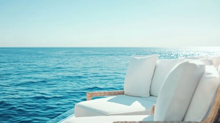 Obraz premium Luxury yacht seating with white cushions overlooking serene blue ocean on a sunny day ideal for vacation and travel themed design.