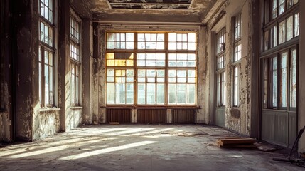 Fototapeta premium Renovation in progress showcasing a spacious interior with natural light highlighting weathered walls and large windows.