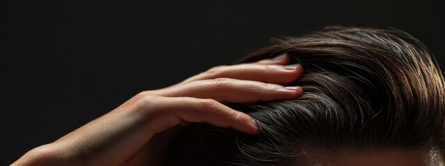 Fototapeta premium Scalp massage technique with hands in hair showcasing relaxation and tranquility with space for promotional text or branding.