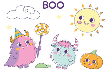 Fototapeta premium Cute cartoon monsters, colorful creatures, hand-drawn style, playful characters, various shapes and sizes, friendly expressions, purple, pink, blue, green, orange, yellow accents, fluffy textures, hor