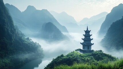 Serene Pagoda Amidst Misty Mountains and River