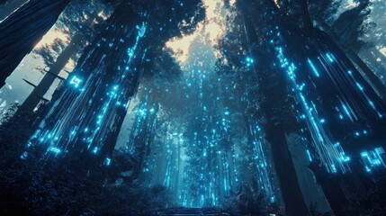 Futuristic forest with glowing blue lines on tree trunks and a pathway below view