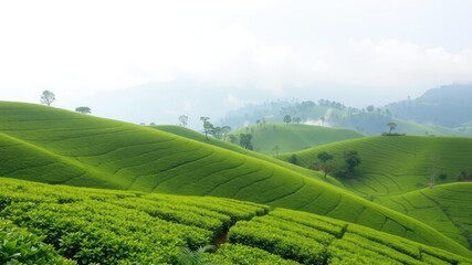 Fototapeta premium Rolling green hills of tea plantations with misty mountains in the background, green countryside, rolling hills, munnar hills