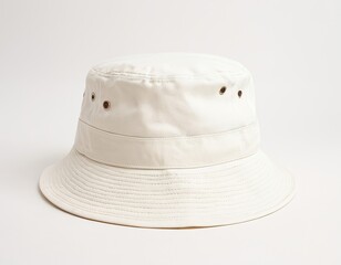 Stylish white bucket hat with breathable eyelets for a trendy summer look.