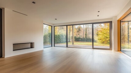 Bright and airy modern Scandinavian living room with large windows and minimalist design emphasizing luxury and tranquility.