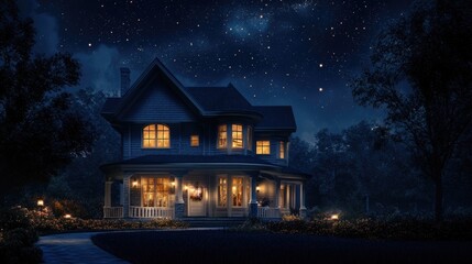 Charming illuminated house at night under starry sky with ample copy space for creative use or advertising