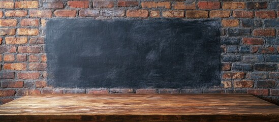 Blackboard and Brick Wall Mockup with Wooden Table Empty Space for Text High Quality Background for Creative Projects and Advertisements