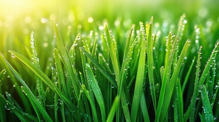 Obraz premium Macro Photography of Dew Drops on Lush Green Grass Blades with Blurred Background Capture of Freshness and Natural Beauty in Spring