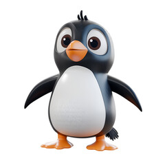 3D cartoon penguin in black and white with a cute orange beak, standing with a quirky, cheerful pose, isolated on transparent background