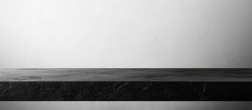 Minimalist black tabletop on white background for product presentation with empty space for text and modern design aesthetics.