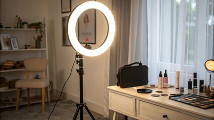 Ring lamp with soft shade provides gentle illumination for makeup application, , white background, beauty setup, makeup artist kit