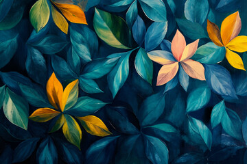 A painting of colorful leaves on a dark blue background