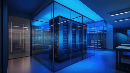 Futuristic server room with blue ambient lighting and glass walls highlighting advanced technology and modern server racks in a sleek design