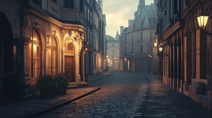 Fototapeta premium Charming cobblestone streets in a historic European city showcasing evening ambiance and classic architecture with a serene atmosphere.