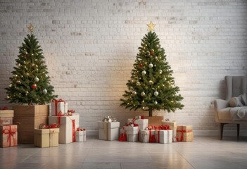 Gift boxes and a small decorated Christmas tree sit against a large white brick wall creating a cozy atmosphere, holiday decor, gifts, christmas tree, presents, tree ornaments