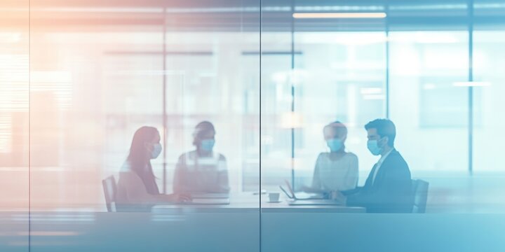 Diverse business team in face masks collaborating in modern office behind glass wall during pandemic showcasing empty space for text