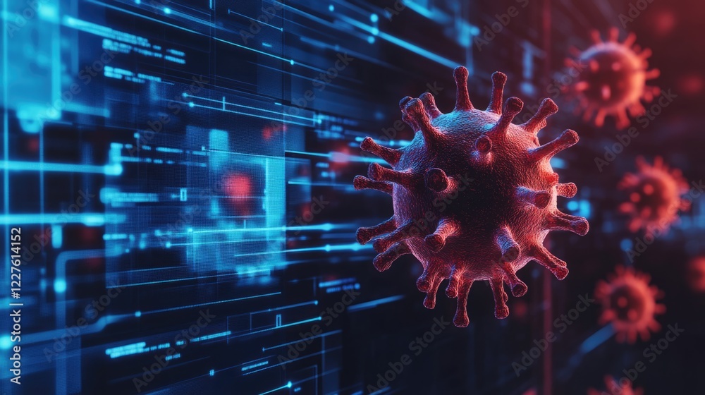 Poster ai driven cybersecurity concept with dynamic colorful light effects and virus visualization for tech