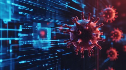 AI Driven Cybersecurity Concept with Dynamic Colorful Light Effects and Virus Visualization for Technology Background and Text Placement