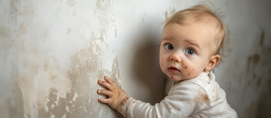 Fototapeta premium Caucasian baby with dirty clothes leaning against a stained wall in a setting evoking a sense of neglect and innocence vulnerability