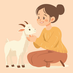 A girl with a goat cartoon vector illustration