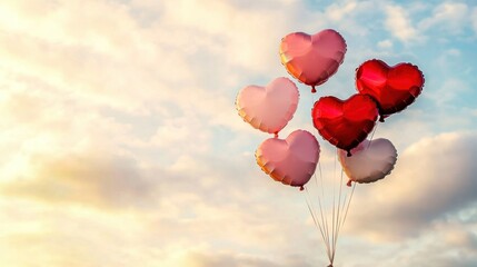 Fototapeta premium Heart-Shaped Balloons Floating in a Calm Sky During Sunset