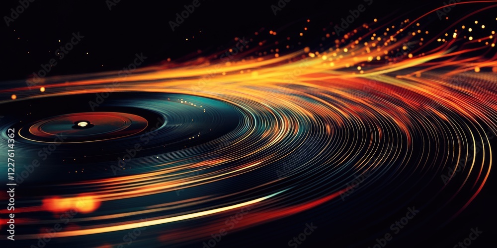Poster abstract music waves with elegant lines and shapes on dark background for album design featuring cop