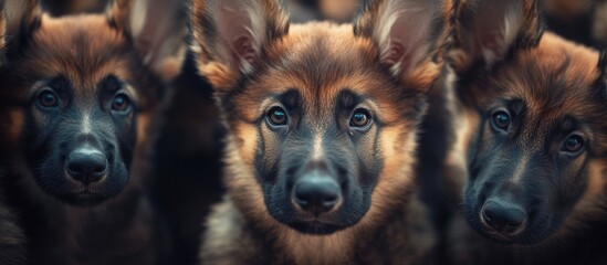 Portrait of adorable young German Shepherd puppies with expressive eyes and soft fur in a close-up, ideal for text overlay or captions.