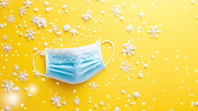 Winter themed flat lay of a medical face mask surrounded by snowflakes on a bright yellow background with space for text or design elements - Powered by Adobe
