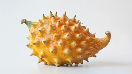 Obraz premium Horned melon with spiky exterior displayed against a clean white background showcasing its unique texture and vibrant colors.