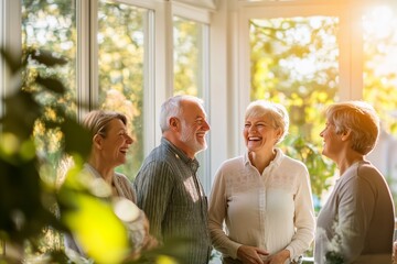 Group of people laughing together in a bright modern house. Sunlight streams through large windows, creating a warm and welcoming atmosphere. Cheerful communication of elderly people, positive emotion