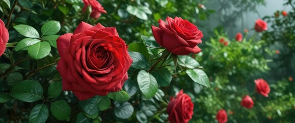 Naklejka premium Red rose and flower mix in a vibrant green foliage, flora, mixed flowers