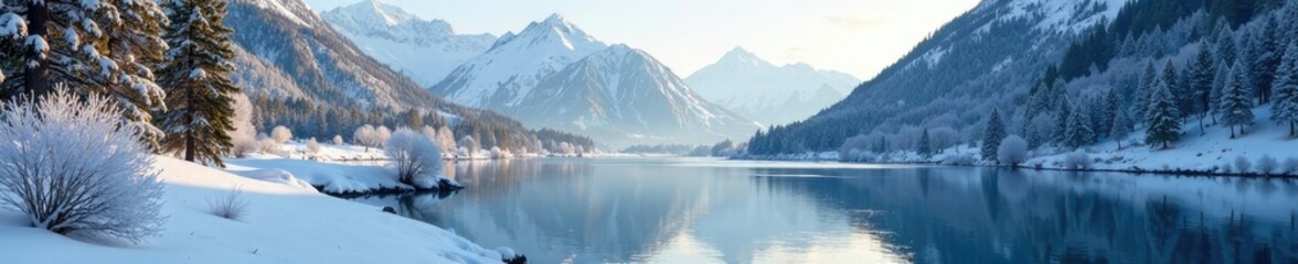 Fototapeta premium Frosty morn on a still mountain river with snow-capped peaks in the distance, frost, mountains