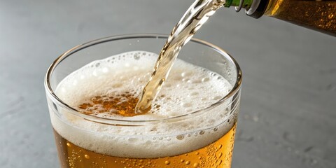 Gentle lapping of waves against a glass rim as beer with frothy foam is poured into a waiting container, smooth surface, soothing ambiance, natural beauty, beachy, foamy head