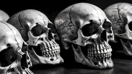 Naklejka premium A series of black and white skulls with minimalist details. as background