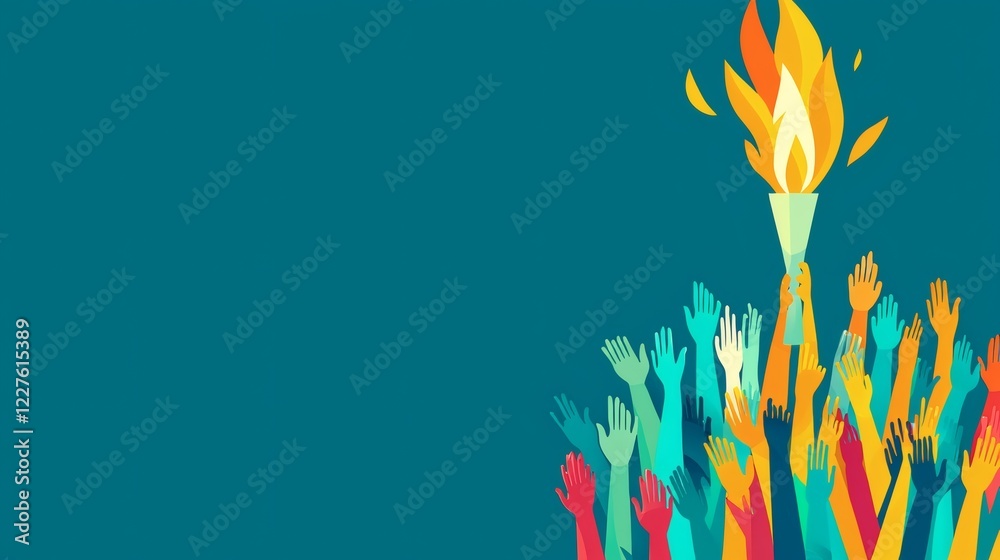 Aufkleber illustration of a torch symbolizing freedom held high by diverse individuals stock photo with side c
