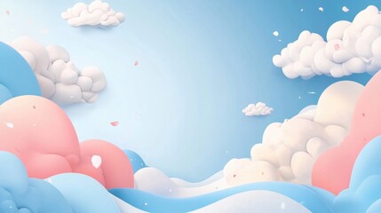 Colorful fluffy clouds in a serene blue sky with ample text space for banners and advertisements. Ideal for dreamy and whimsical designs.