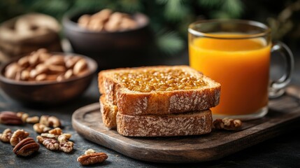 Fototapeta premium Healthy breakfast with crispy bread topped with jam, nuts, and a glass of juice on a wooden board with space for text above.
