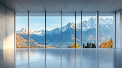 Fototapeta premium Modern concrete interior with expansive windows showcasing stunning mountain views in a minimalist design setting.