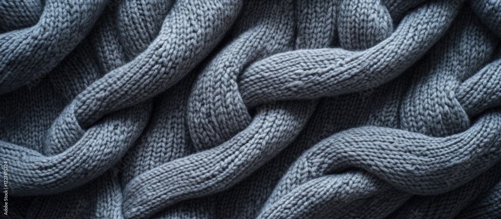 Poster grey textured knitted fabric background with braided pattern and blank space for custom text or bran