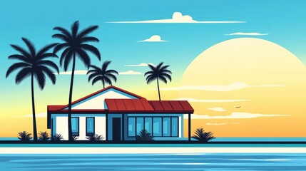 Obraz premium Tropical House with Palm Trees and Sunset View in Vibrant Colorful Landscape