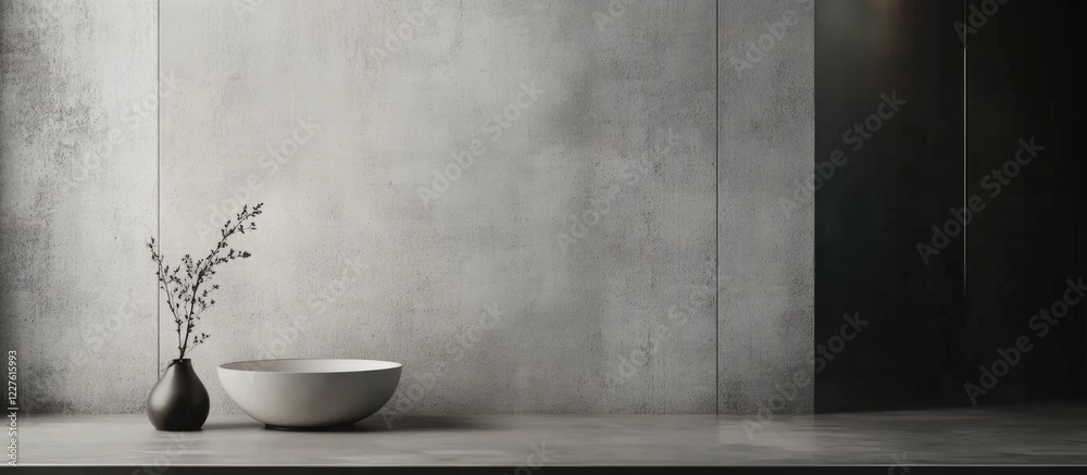 Poster Minimalist Grey Concrete Wall Background with Decorative Bowl and Vase for Text Space